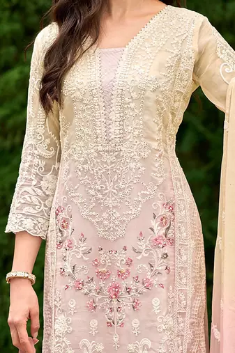 Floral embroidered sequinned straight organza kurta with trousers and dupatta