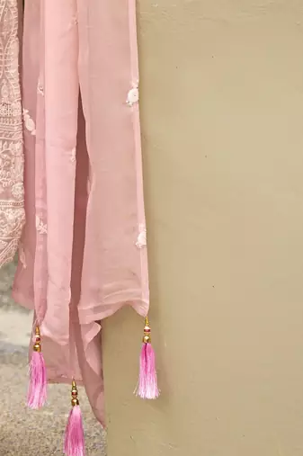 Floral embroidered sequinned straight organza kurta with trousers and dupatta
