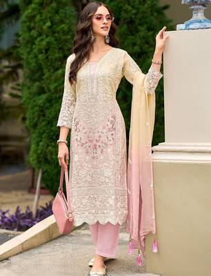 Floral embroidered sequinned straight organza kurta with trousers and dupatta 4