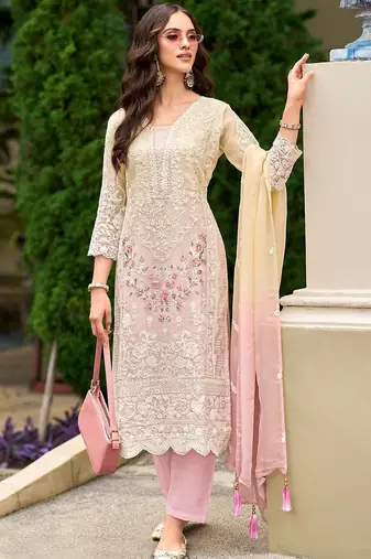 Floral embroidered sequinned straight organza kurta with trousers and dupatta