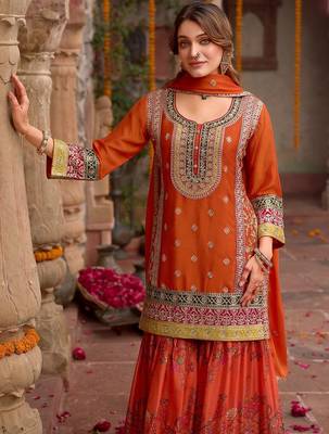 Floral embroidered sequinned chinon straight kurta with sharara & dupatta 1