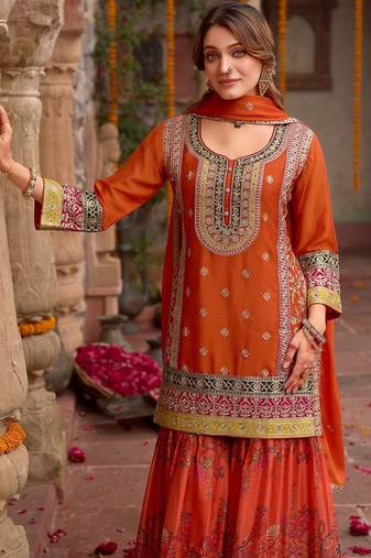 Floral embroidered sequinned chinon straight kurta with sharara & dupatta