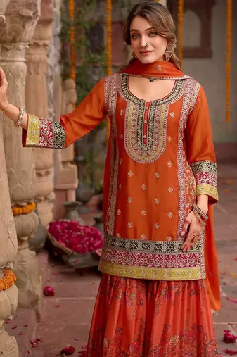 Floral embroidered sequinned chinon straight kurta with sharara & dupatta