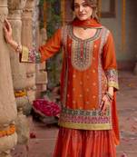 Floral embroidered sequinned chinon straight kurta with sharara & dupatta