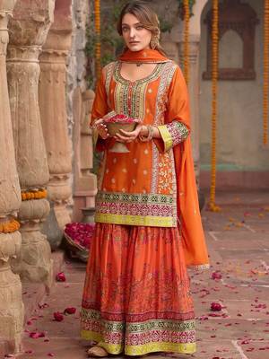 Floral embroidered sequinned chinon straight kurta with sharara & dupatta 2