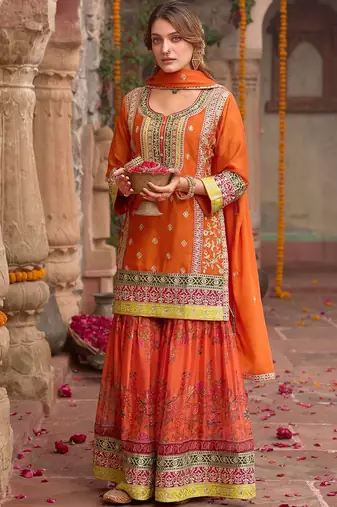 Floral embroidered sequinned chinon straight kurta with sharara & dupatta