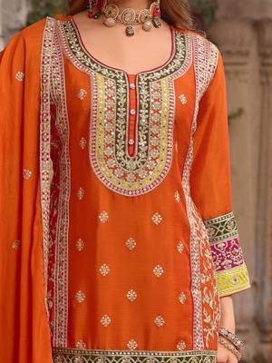 Floral embroidered sequinned chinon straight kurta with sharara & dupatta 3