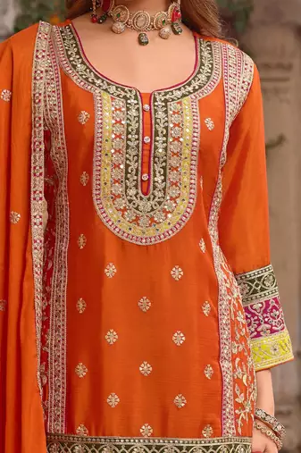 Floral embroidered sequinned chinon straight kurta with sharara & dupatta