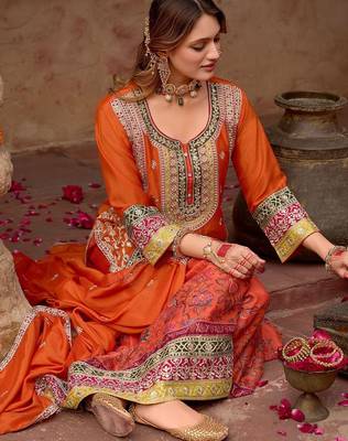 Floral embroidered sequinned chinon straight kurta with sharara & dupatta 4