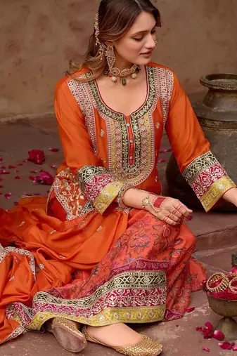 Floral embroidered sequinned chinon straight kurta with sharara & dupatta