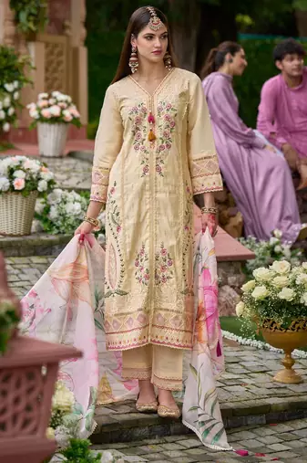 Women ethnic motifs embroidered panelled thread work kurta with trousers & with dupatta