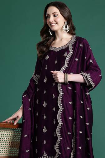 Ethnic motifs embroidered sequinned kurta with trousers & with dupatta
