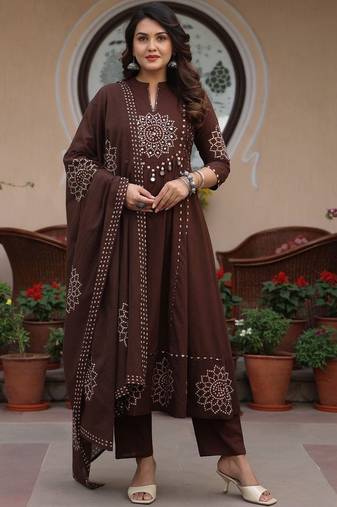 Women ethnic motifs printed empire mirror work pure cotton kurta with trousers & with dupatta