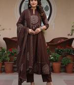 Women ethnic motifs printed empire mirror work pure cotton kurta with trousers & with dupatta
