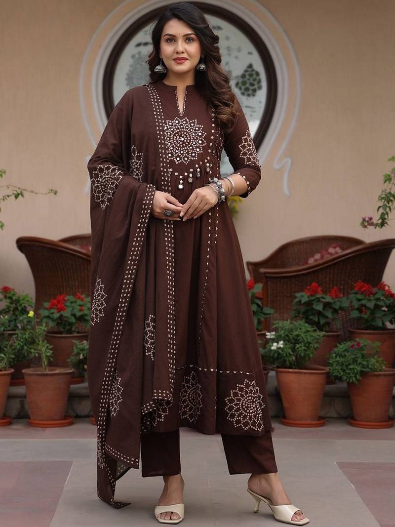 Women ethnic motifs printed empire mirror work pure cotton kurta with trousers & with dupatta