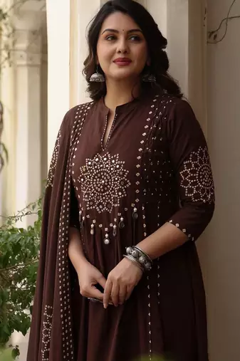 Women ethnic motifs printed empire mirror work pure cotton kurta with trousers & with dupatta