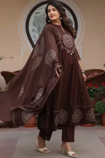 Women ethnic motifs printed empire mirror work pure cotton kurta with trousers & with dupatta