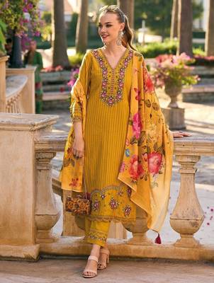 Striped thread work cotton bell sleeves straight kurta & trousers & dupatta 1