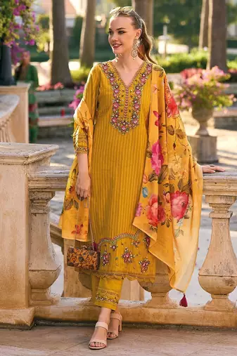 Striped thread work pure cotton bell sleeves straight kurta & trousers & dupatta