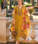 Striped thread work pure cotton bell sleeves straight kurta & trousers & dupatta