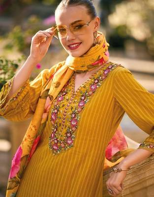 Striped thread work cotton bell sleeves straight kurta & trousers & dupatta 2