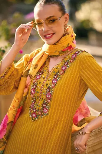 Striped thread work pure cotton bell sleeves straight kurta & trousers & dupatta