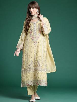 Ethnic motifs embroidered panelled sequinned kurta with trousers & dupatta 1