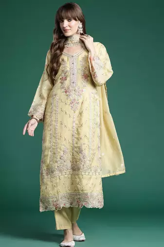 Ethnic motifs embroidered panelled sequinned kurta with trousers & dupatta
