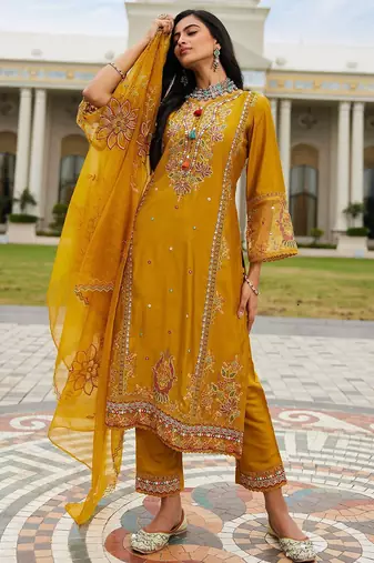 Women ethnic motifs embroidered regular mirror work kurta with trousers & with dupatta