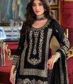 Floral embroidered round neck chinon zari straight kurta & palazzos with dupatta