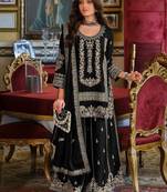 Floral embroidered round neck chinon zari straight kurta & palazzos with dupatta