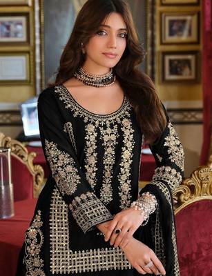 Floral embroidered round neck chinon zari straight kurta & palazzos with dupatta 3