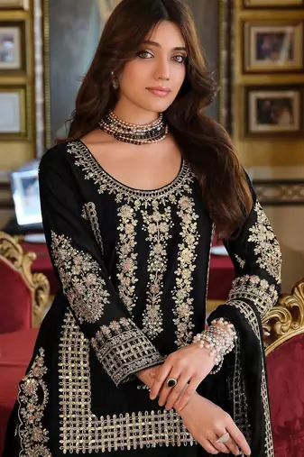 Floral embroidered round neck chinon zari straight kurta & palazzos with dupatta