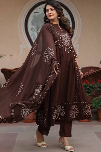 Women ethnic motifs printed panelled mirror work pure cotton kurta with trousers & with dupatta