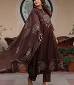 Women ethnic motifs printed panelled mirror work pure cotton kurta with trousers & with dupatta