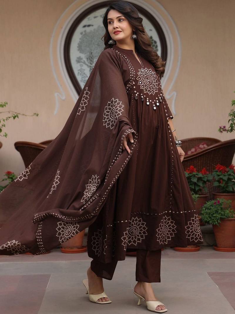 Women ethnic motifs printed panelled mirror work pure cotton kurta with trousers & with dupatta