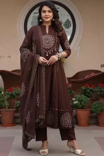 Women ethnic motifs printed panelled mirror work pure cotton kurta with trousers & with dupatta