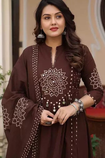 Women ethnic motifs printed panelled mirror work pure cotton kurta with trousers & with dupatta