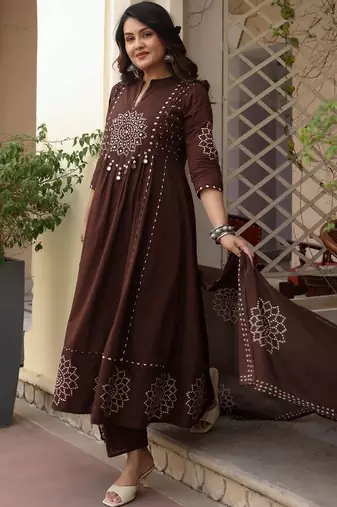 Women ethnic motifs printed panelled mirror work pure cotton kurta with trousers & with dupatta
