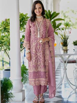 Ethnic motifs embroidered v neck straight kurta with trousers & dupatta 1
