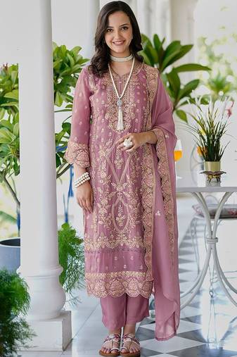 Ethnic motifs embroidered v neck straight kurta with trousers & dupatta