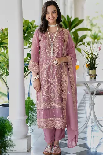 Ethnic motifs embroidered v neck straight kurta with trousers & dupatta