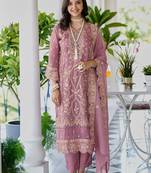 Ethnic motifs embroidered v neck straight kurta with trousers & dupatta