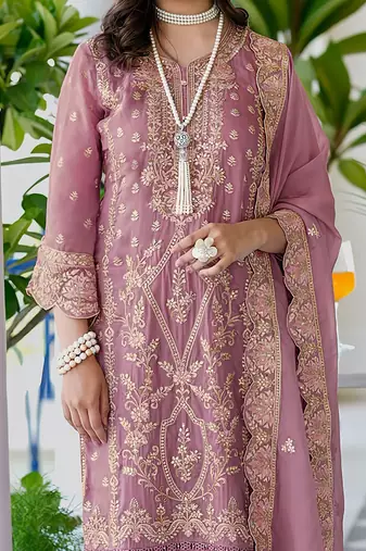 Ethnic motifs embroidered v neck straight kurta with trousers & dupatta