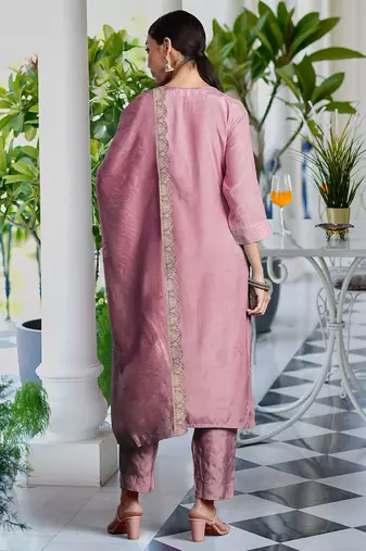 Ethnic motifs embroidered v neck straight kurta with trousers & dupatta