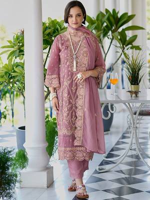 Ethnic motifs embroidered v neck straight kurta with trousers & dupatta 4