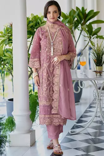 Ethnic motifs embroidered v neck straight kurta with trousers & dupatta