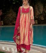 Floral embroidered shibori technique thread work kurta with trousers & dupatta