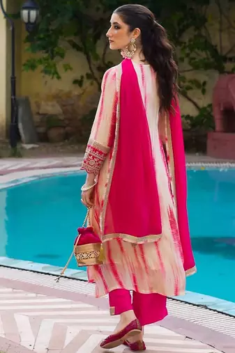 Floral embroidered shibori technique thread work kurta with trousers & dupatta