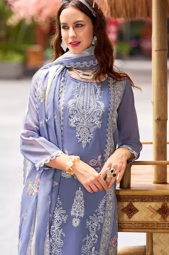 Floral embroidered round neck thread work straight kurta with trousers & dupatta